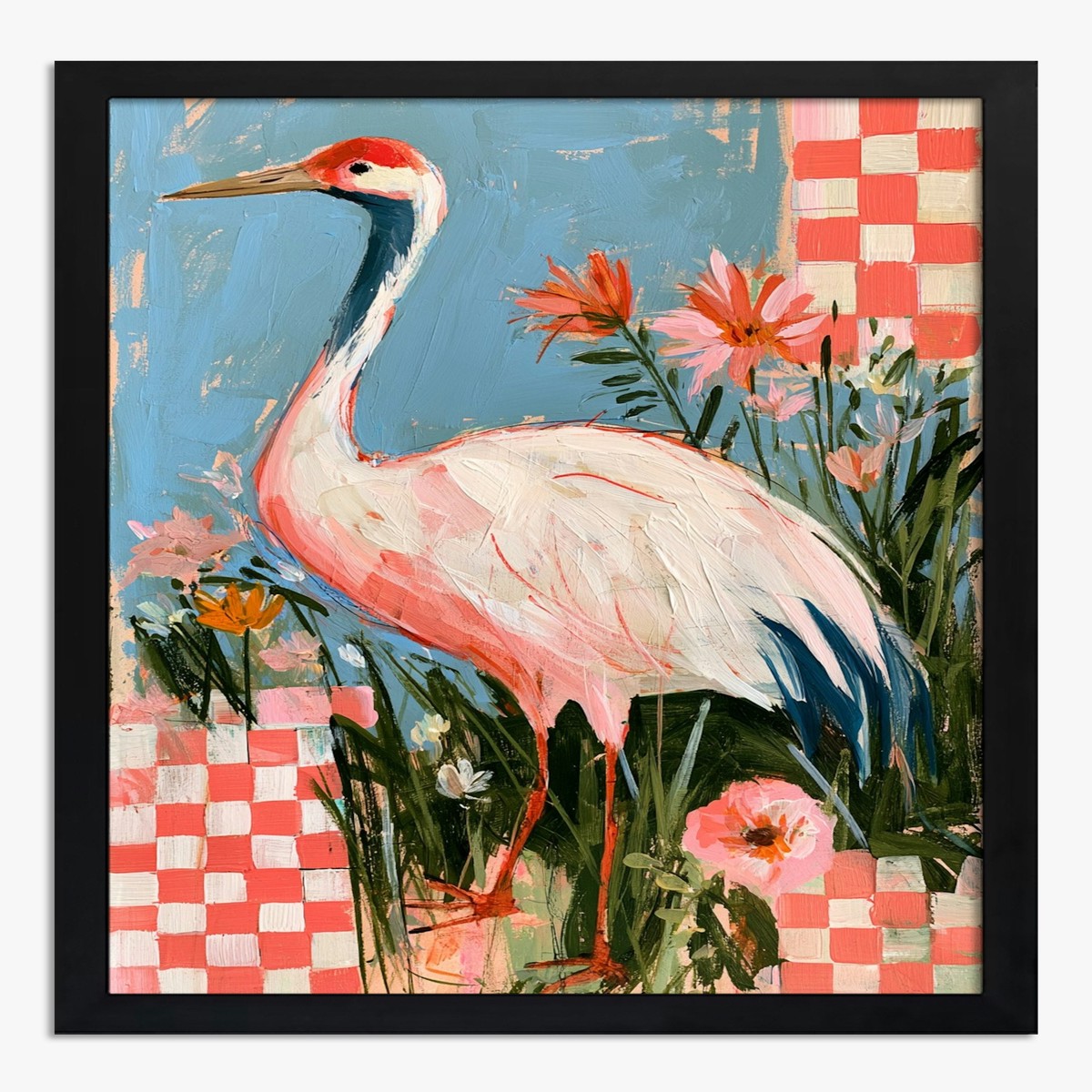 Red-Crowned Crane in Coral Check Art Print